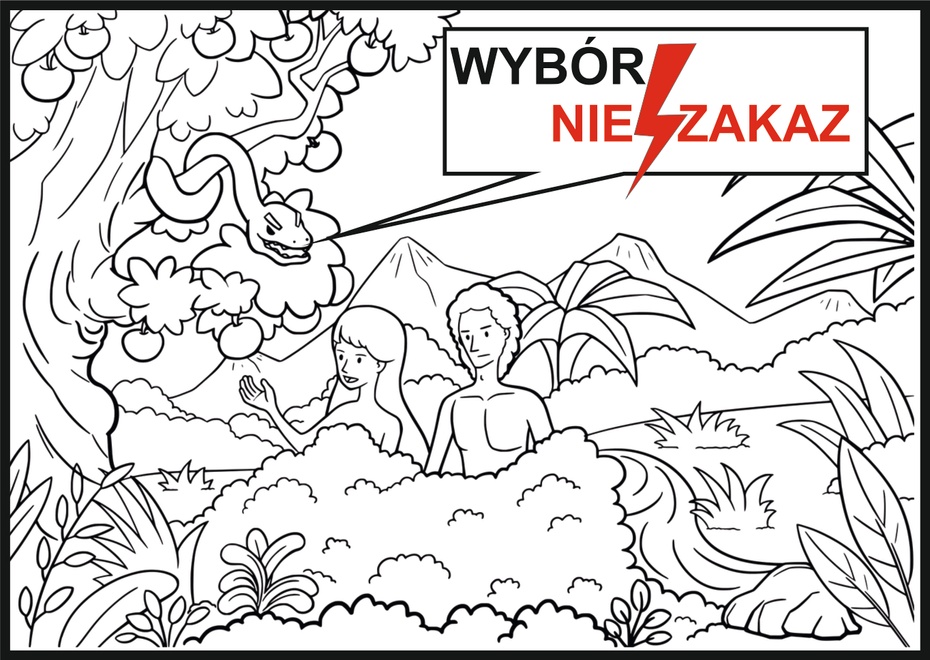 Idea rysunku - Lech Mucha, oryginał rysunku pobrano z:    https://www.needpix.com/photo/download/865456/adam-bible-bible-pics-comic-characters-eden-eve-fall-fruit-garden