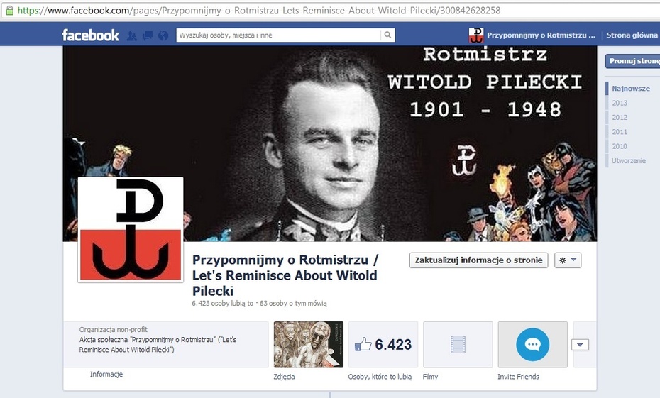 Główny profil akcji społecznej "Przypomnijmy o Rotmistrzu" ("Let's Reminisce About Witold Pilecki") na facebooku