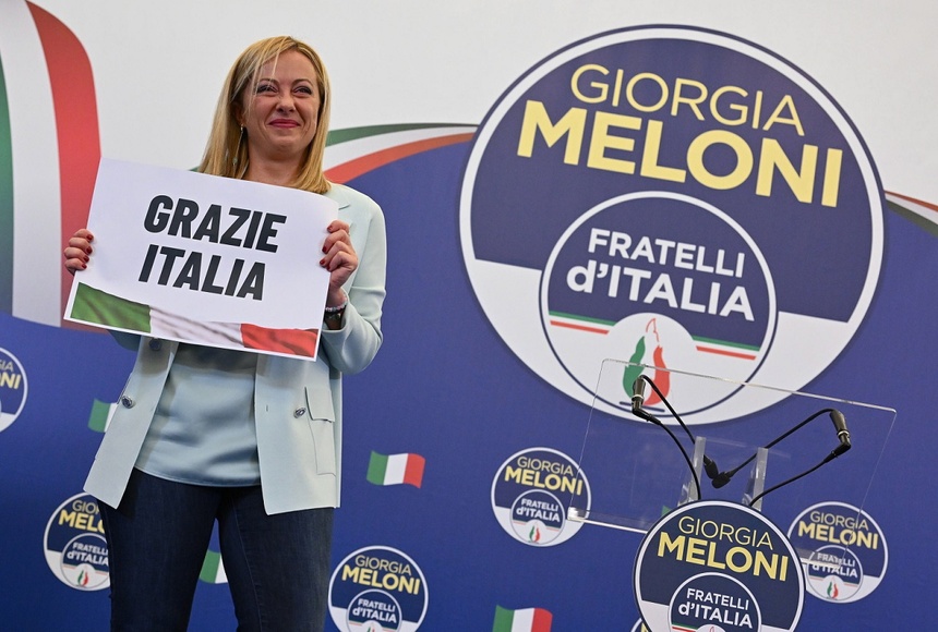 Wybory we Włoszech. Najwięcej głosów, od 22 do 26 procent uzyskała prawicowa partia Bracia Włosi (Fratelli d'Italia) Giorgii Meloni. PAP/EPA/ETTORE FERRARI