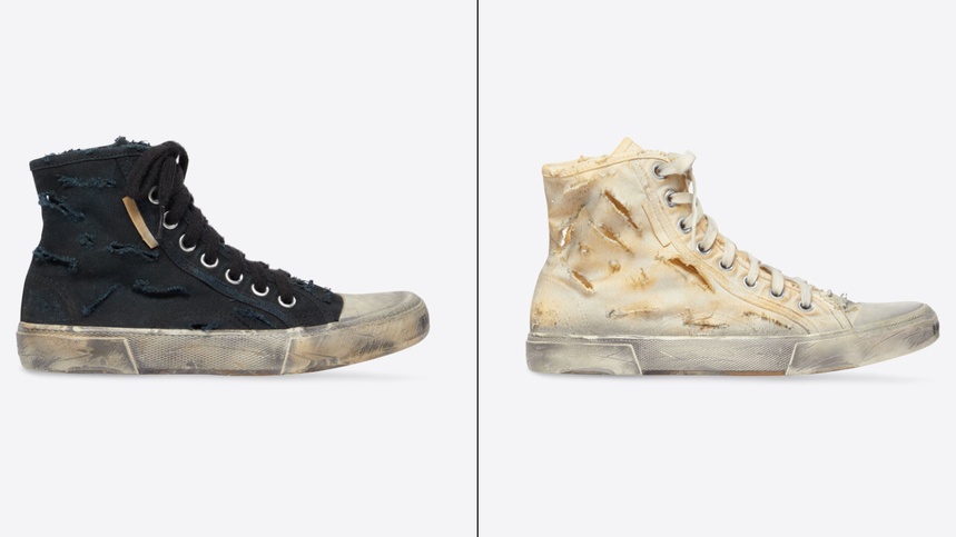 Luksusowa marka Balenciaga wprowadziła do swojej oferty nowy model butów "Full Destroyed", charakteryzujący się widocznymi zniszczeniami. Koszt za parę tych sneakersów to 1850 dolarów (fot. balenciaga.com)
