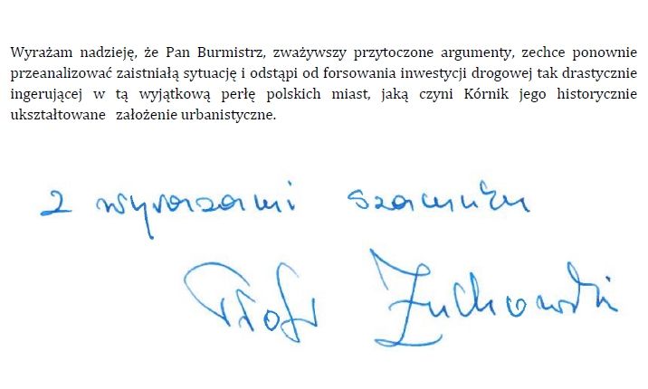 Fragment listu Generalnego Konserwatora Zabytków do Burmistrza Miasta i Gminy Kórnik z 9 stycznia 2015 r.