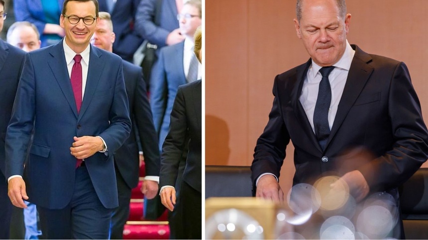 Premier RP Mateusz Morawiecki, kanclerz Niemiec Olaf Scholz. Fot. PAP/EPA/HANNIBAL HANSCHKE / Canva