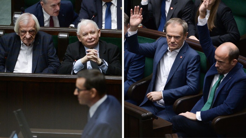 L: Jarosław Kaczyński. Fot. PAP/Marcin Obara; P: Donald Tusk. Fot. PAP/Marcin Obara