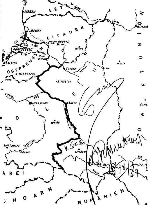 Mapa ostatecznego podziału Polski pomiędzy III Rzeszę a ZSRR z 28 września 1939 r. z wytyczoną granicą. Podpisy za zgodność: Stalin, Ribbentrop; data[1].