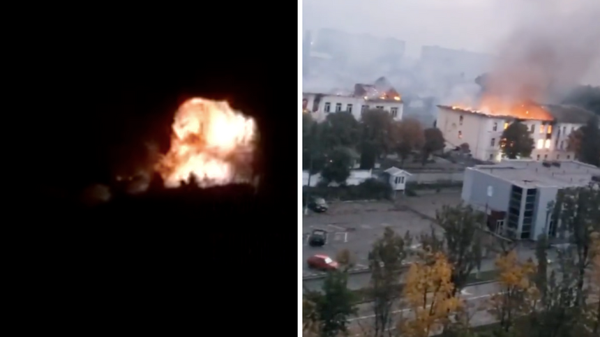 Atak dronów kamikadze na Białą Cerkiew. Źródło: Twitter/NEXTA/FLASH