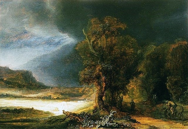 Rembrandt Harmensz van Rijn, Krajobraz z przypowieścią o miłosiernym Samarytaninie należy do kolekcji Czartoryskich. fot. Wikimedia