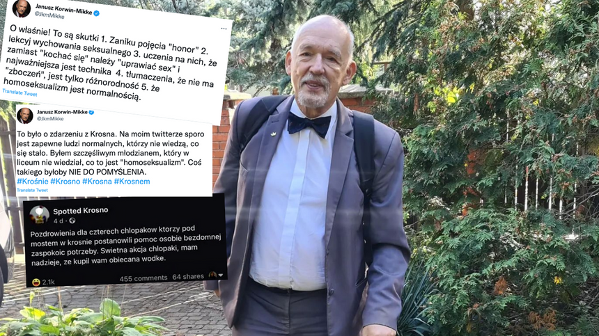 Janusz Korwin-Mikke skomentował na Twitterze temat nastolatków z Krosna, którzy w zamian za wódkę zgodzili się na seks oralny z bezdomnym. (fot. Instagram/Janusz Korwin-Mikke, Twitter)