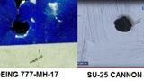 Fig 2. On the left the hole in the Boeing Mh17.On the right the inlet hole from bullet 30mm Russian Army assay.
