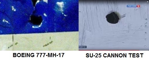Fig 2. On the left the hole in the Boeing Mh17.On the right the inlet hole from bullet 30mm Russian Army assay.