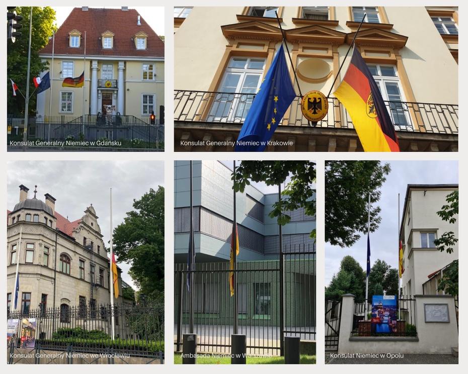 Flagi Niemiec opuszczone do połowy masztu w placówkach znajdujących się w Polsce. Fot. Twitter/Ambasador Niemiec w Polsce