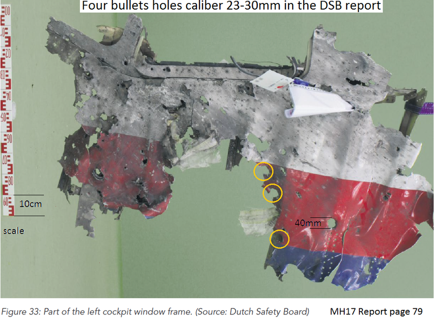Rys.1 Dowody ostrzału pociskami kaliber 23-30mm w raporcie DSB