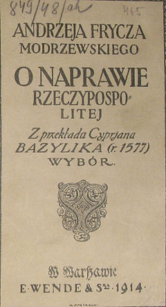 O naprawie Rzeczypospolitej rok 1914, strona tytułowa wydania polskiego w przekładzie Cypriana Bazylika 1914.