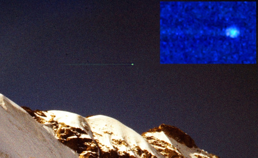 Fragment zdjęcia wykonanego w Kaukazie pokazuje jasno świecący i bardzo szybko poruszający się bolid. Zatem to obiekt pochodzenia pozaziemskiego, ale całkowicie naturalny. W rogu powiększony w filtrze niebieskim.Zdjęcie: Alpejski; ORWO Film; Yashica MF3