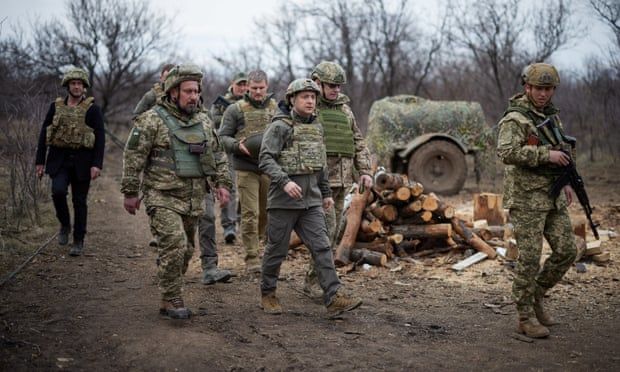 Ukraine’s President Volodymyr Zelenskiy visits positions of armed forces in the Donbass region on Thursday. Photograph: Ukrainian Presidential Press Ser/Reuters