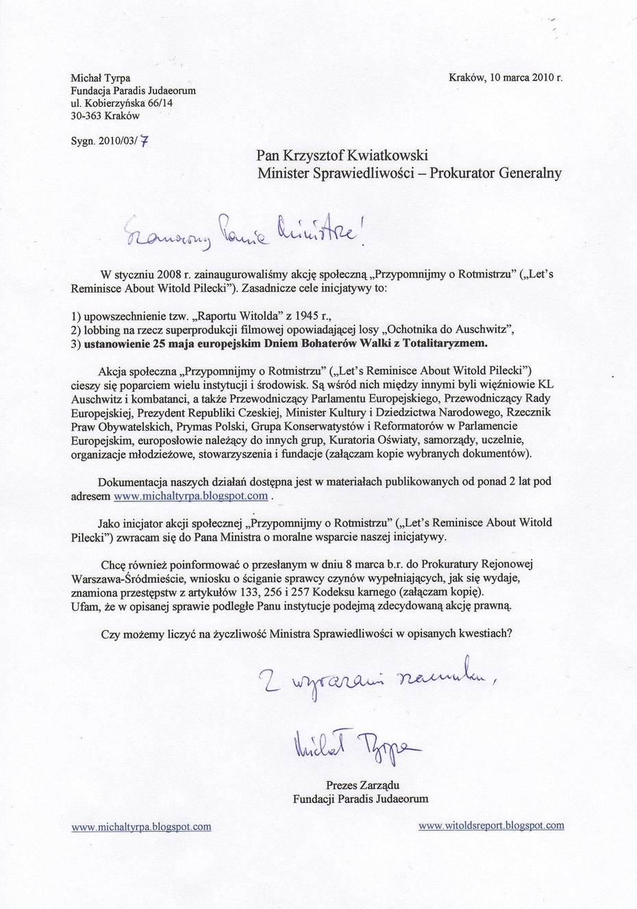 List do ministra sprawiedliwości, który od marca 2010 r. nie doczekał się odpowiedzi.