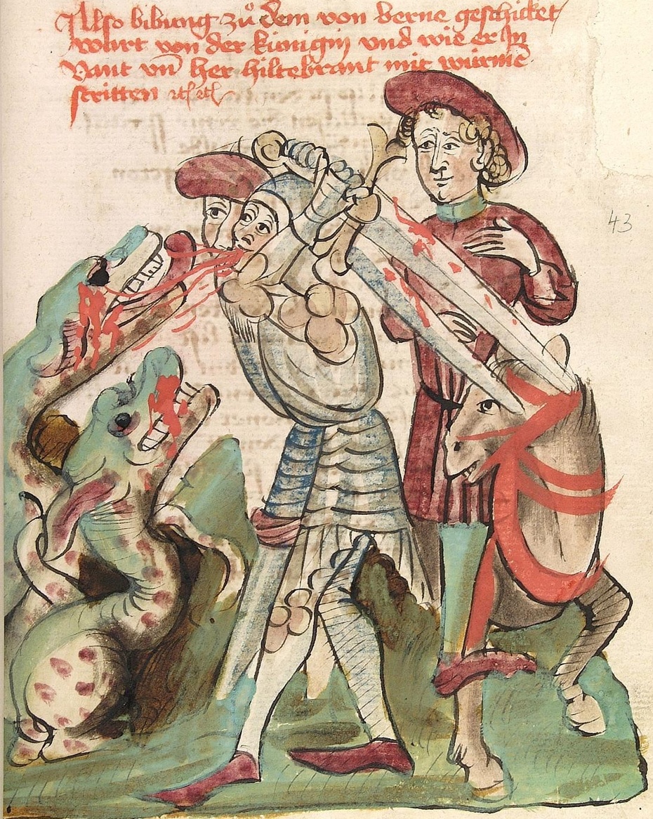 Dietrich von Bern i Hildebrand walczą ze smokami, Warsztat Diebolta Laubera, Hagenau 1444-1448,l: Wikimedia Commons