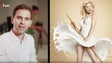 Polski fotograf Jarosław Wieczokiewicz ze swoim dziełam - modelka ubrana w mleczną suknię. Kadr z filmu wyemitowanego w 3sat.