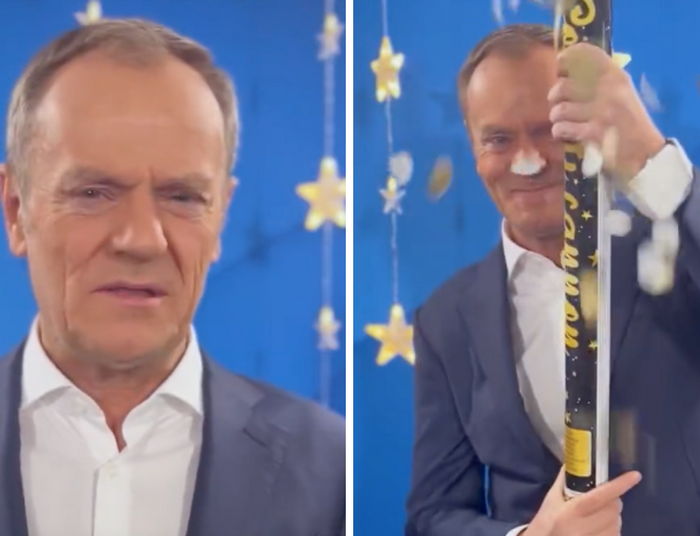 Tusk fetuje 2023 rok cały w skowronkach. "To nie granatnik, to konfetti"