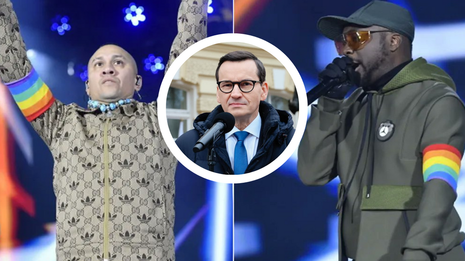 Premier Mateusz Morawiecki skomentował tęczowe opaski zespołu Black Eyed Peas. (fot. Twitter, Facebook)