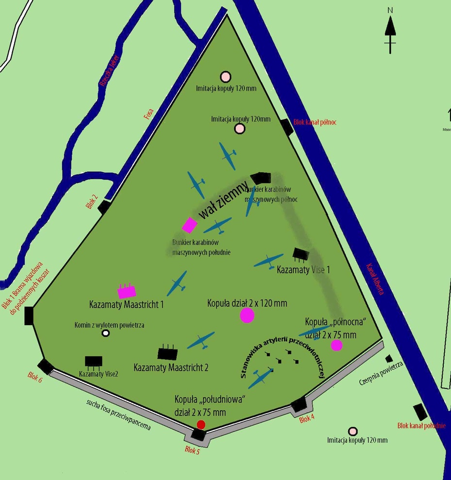 Plan fortu Eben Emael. Sylwetki szybowców nie w skali rysunku. Rysunek: Alpejski na podst Wikimedia
