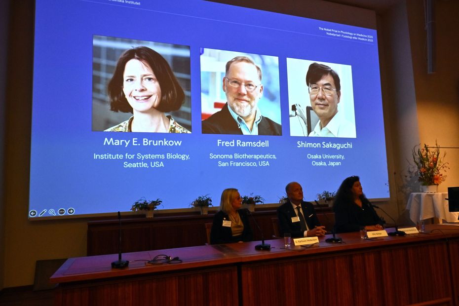 na zdjęciu: Laureaci Nagrody Nobla w dziedzinie fizjologii lub medycyny za rok 2025 — (od lewej) Mary E. Brunkow, Fred Ramsdell i Shimon Sakaguchi — zostali ogłoszeni przez Zgromadzenie Noblowskie za odkrycia dotyczące obwodowej tolerancji immunologicznej