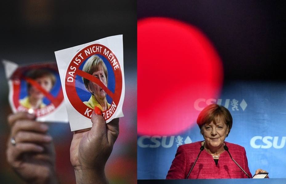 Angela Merkel podczas wiecu w Monachium oraz protestujący, fot. PAP/EPA/Christian Bruna