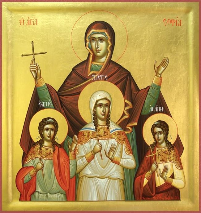 Ikona przedstawia duży wizerunek świętej, u jej dołu trzy mniejsze święte z atrybutami.
