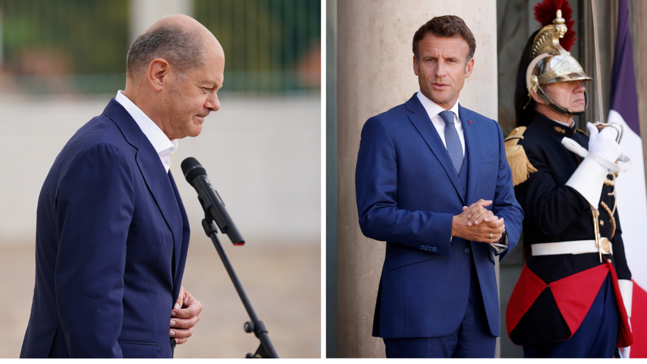 Kanclerz Niemiec Olaf Scholz (L) i prezydent Francji Emmanuel Macron (P). Fot. PAP/EPA/CLEMENS BILANYOAN VALAT