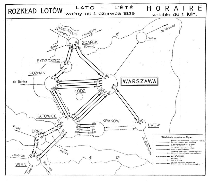 Pierwszy rozkład lotów PLL "LOT" z 1929 roku. Centralnym lotniskiem były Katowice. źródło: UWSL/KB 153 s.14