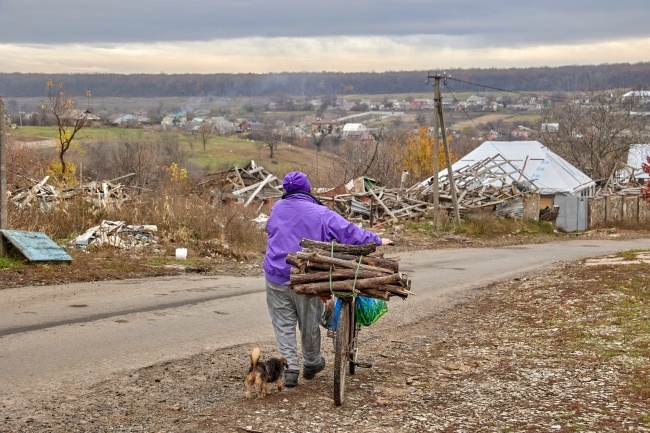 Kobieta wiezie drewno do ogrzania domu we wsi Jakowliwka w obwodzie charkowskim. Fot. PAP/EPA/SERGIY KOZLOV
