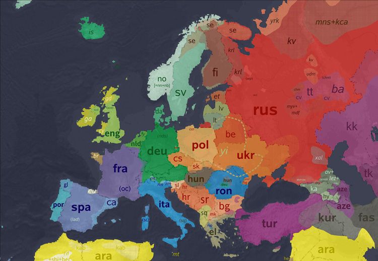 Mapa zasięgu języków w Europie - Eupedia