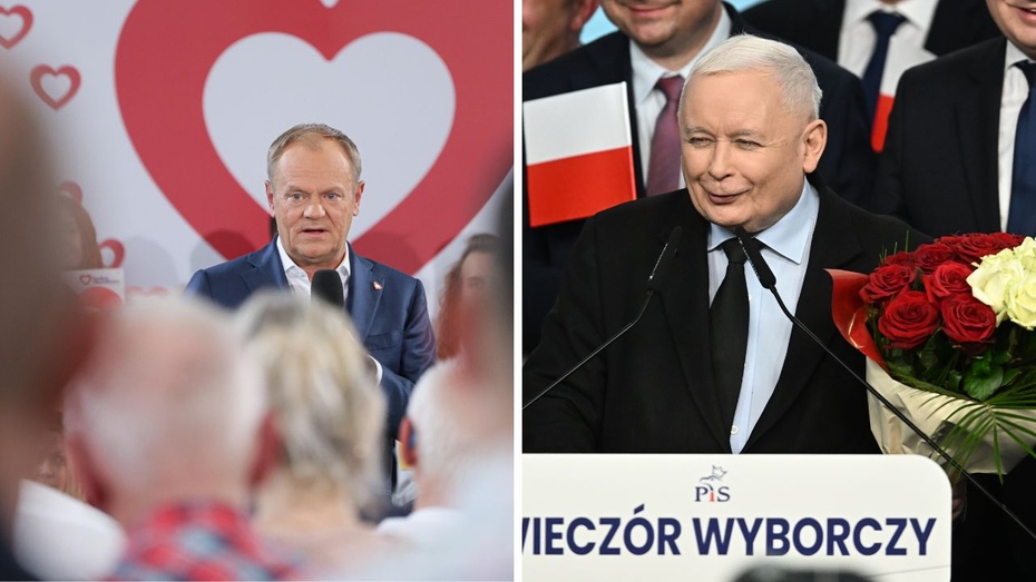 L.: Donald Tusk. Fot. PAP/Paweł Supernak; P.: Jarosław Kaczyński. Fot. PAP/Radek Pietruszka