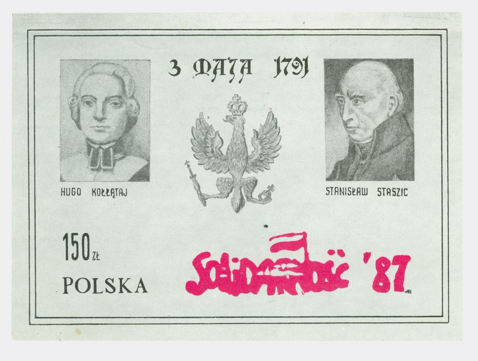 Reprodukcja znaczka podziemnej poczty "Solidarności" o Konstytucji 3 Maja z 1987 r.