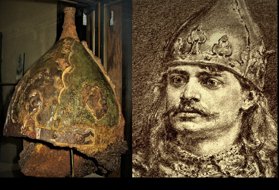 Po lewej: Hełm odnaleziony w grobie wikinga w Czernihowie na Ukrainie. Po prawej: Portret Bolesława Krzywoustego w identycznym hełmie autorstwa Jana Matejki. Fot Wikipedia, Domena Publiczna