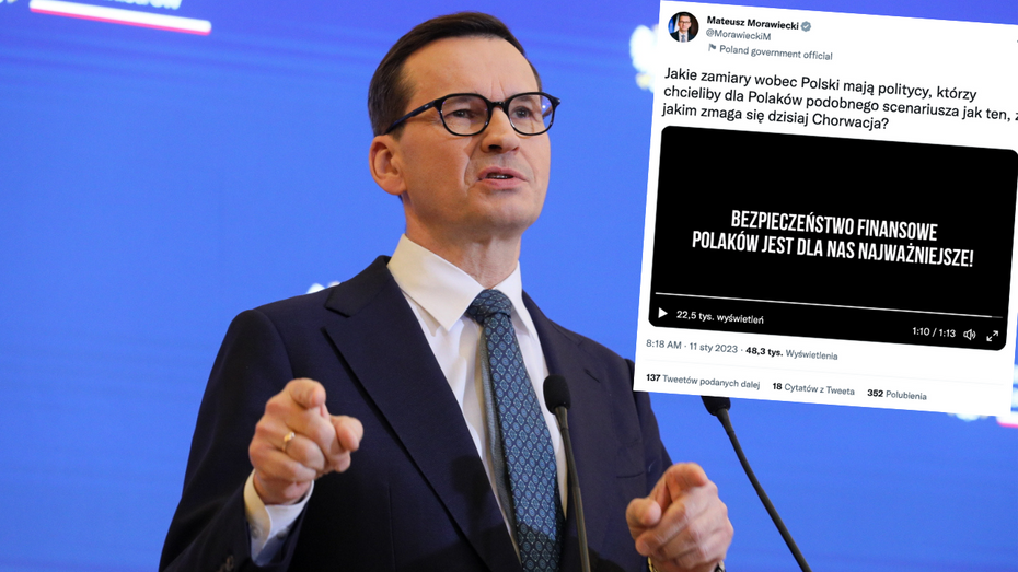 Premier Mateusz Morawiecki opublikował na Twitterze nagranie, w którym wypomina opozycji chęć wstąpienia Polski do strefy euro. (fot. PAP, Twitter)