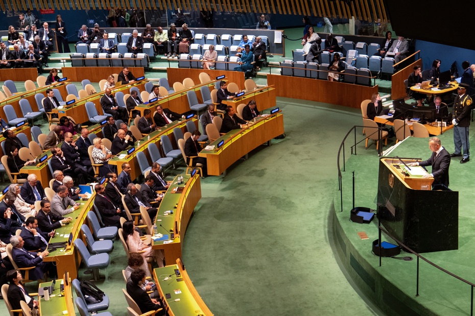 Prezydent RP Andrzej Duda przemawia podczas debaty generalnej 78. sesji Zgromadzenia Ogólnego ONZ, 19 bm. w Nowym Jorku. (mr) PAP/Andrzej Lange