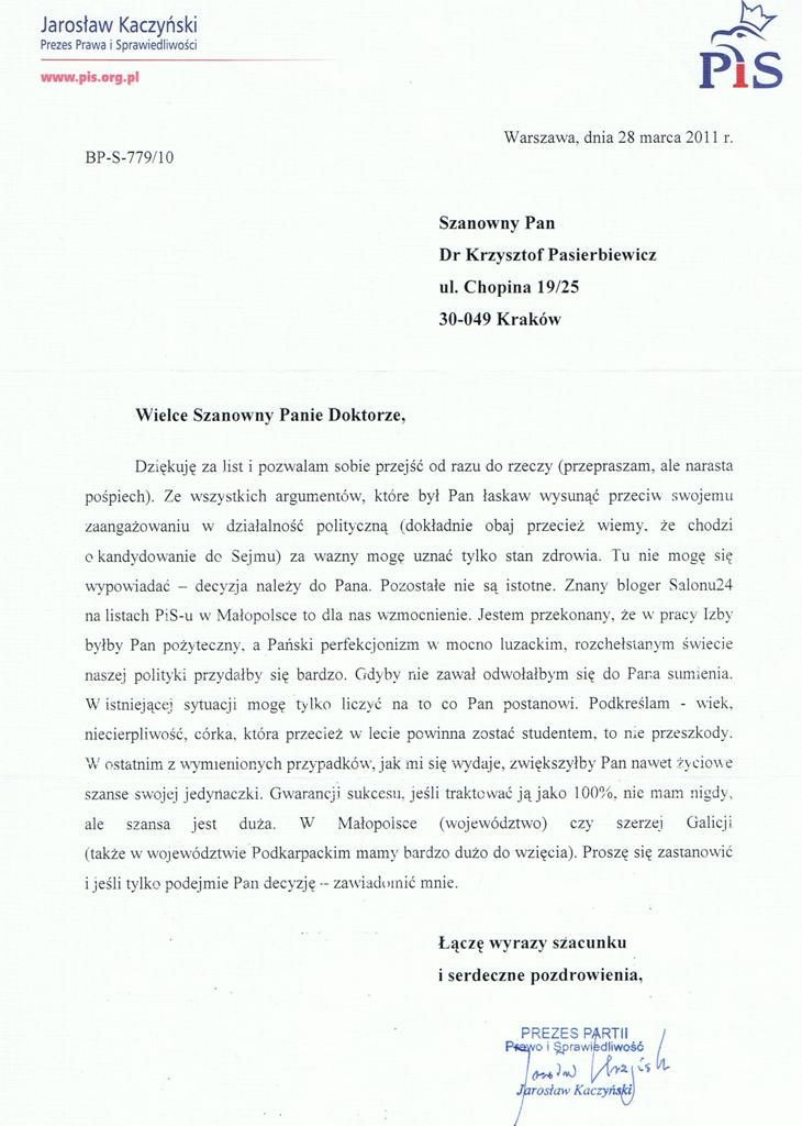 Na żadanie komentatorskich niedowiarków załączam list od Jarosława Kaczyńskiego