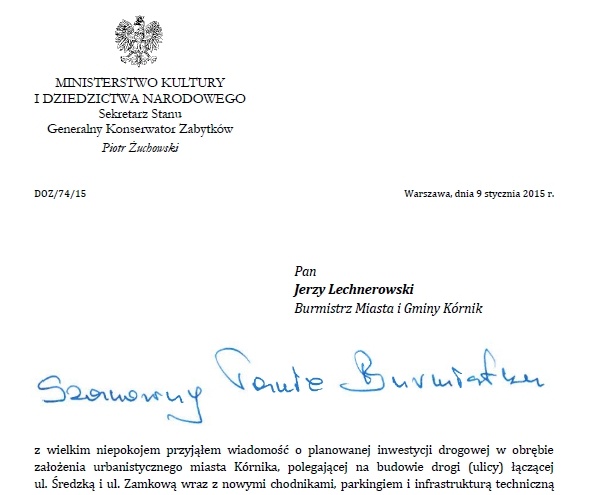 Fragment listu Generalnego Konserwatora Zabytków do Burmistrza Miasta i Gminy Kórnik z 9 stycznia 2015 r.
