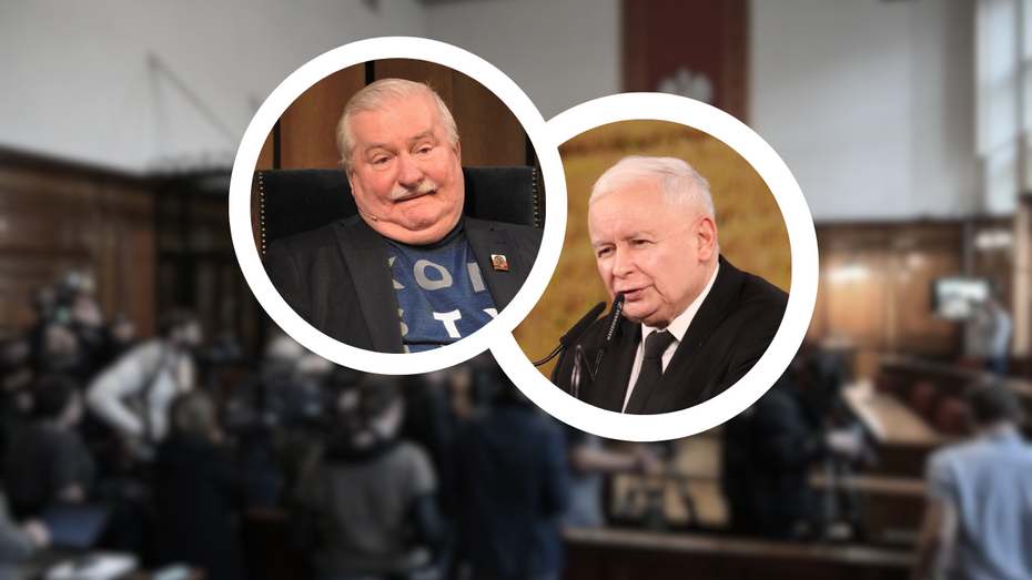 Rozprawa sądowa Lecha Wałęsy i Jarosława Kaczyńskiego (tło), Lech Wałęsa (L), Jarosław Kaczyński (P) / źródło: PAP, Facebook