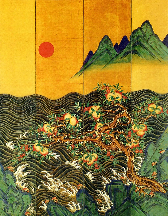 Słońce, księżyc i drzewa brzoskwiniowe, Korea, XIX wiek
