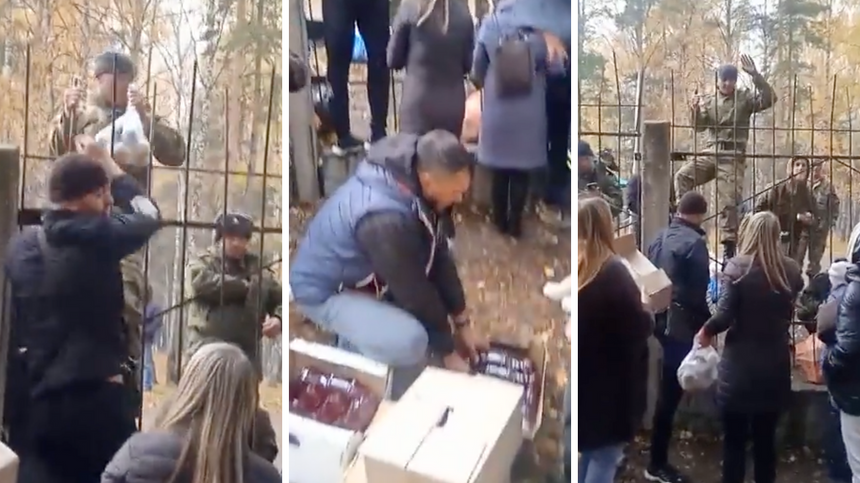 W mediach społecznościowych pojawiło się nagranie, na którym widać, jak zmobilizowani Rosjanie otrzymują od krewnych jedzenie przez płot. Skomentowało je nawet ukraińskie ministerstwo obrony. (fot. Twitter)