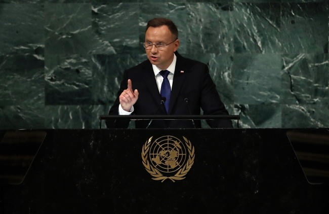 Prezydent Andrzej Duda przemawia podczas 77. sesji Zgromadzenia Ogólnego ONZ,PAP/EPA/Peter Foley