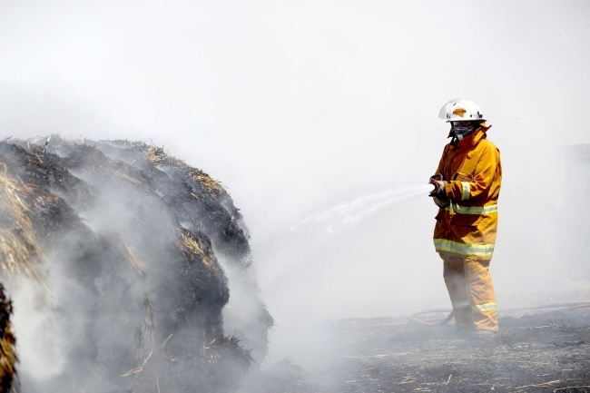 Strażak dogasza płonące baloty z sianem w Mount Torrens, fot. EPA/KELLY BARNES